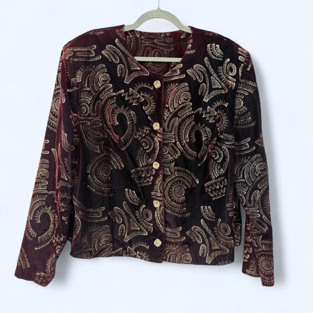 Gold Metallic Painted Velvet Blazer Whimsygoth Abstract Evening Jacket c. 1992